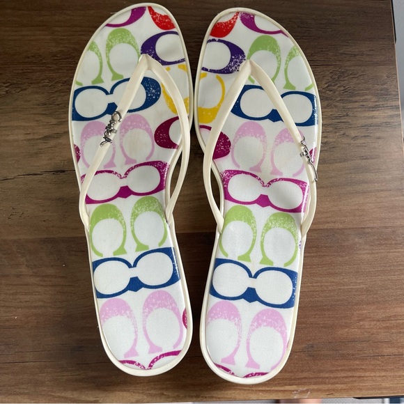 Coach Dorann Wedge Thong Flip Flops Sandals 8 Cream Colorful Logo - Picture 10 of 14